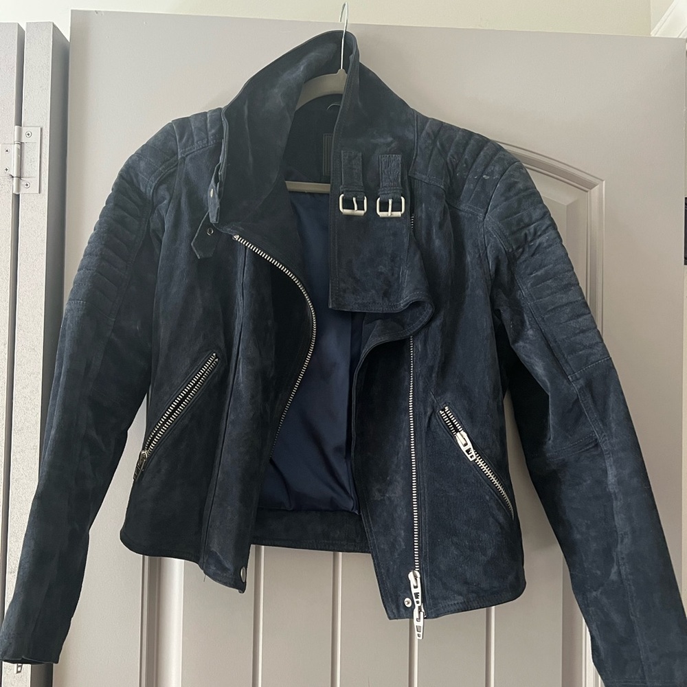 Deep blue suede moto jacket.